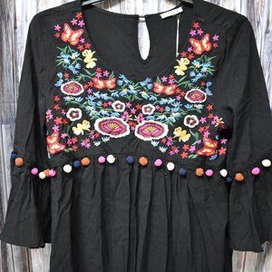 Jodifl Black Boho Embroidered Top Pom Pom XL